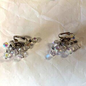 Vintage Silver Tone Clear Rhinestone Dangling Clip On Earrings